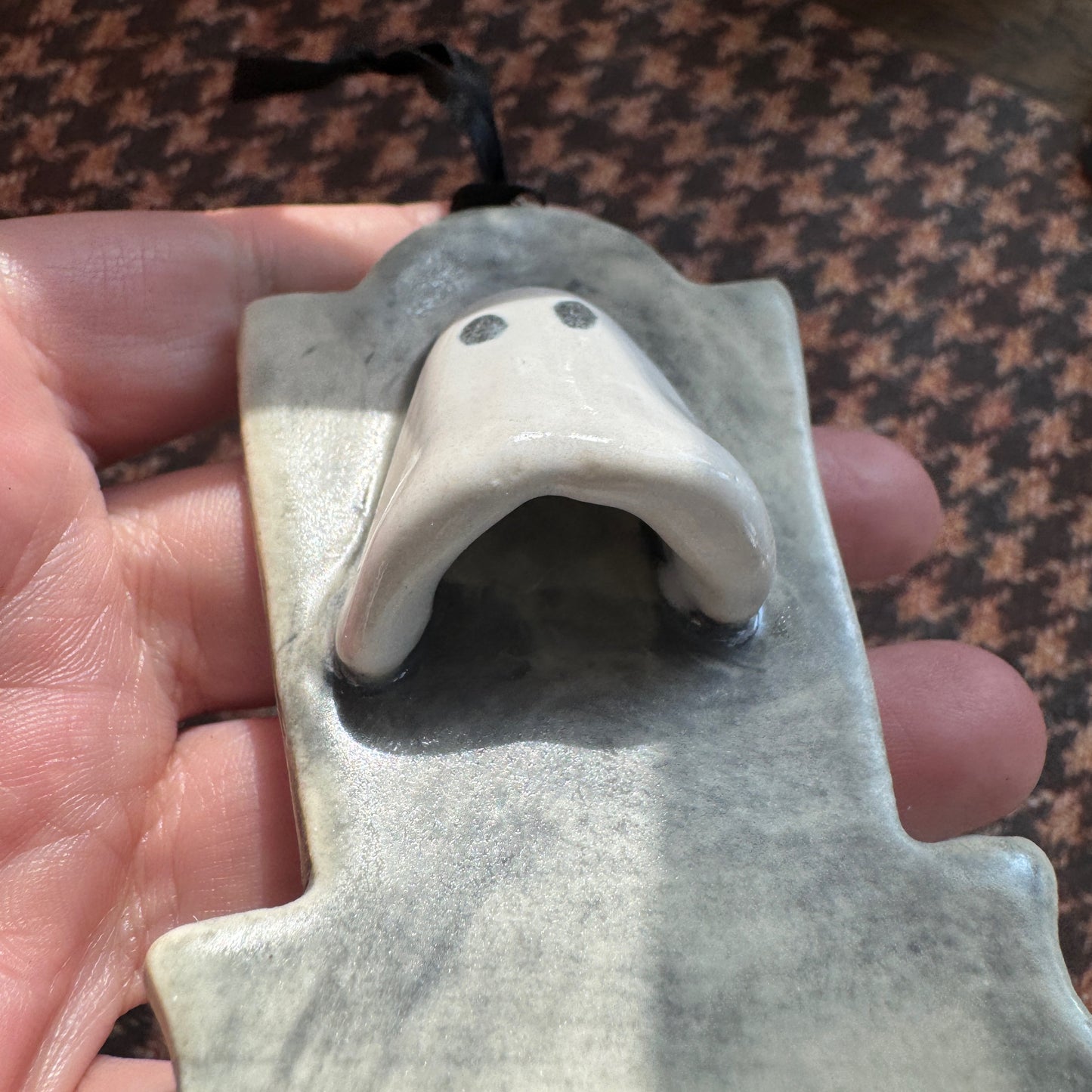 Handmade ceramic ghost on a tombstone ornament- Leon