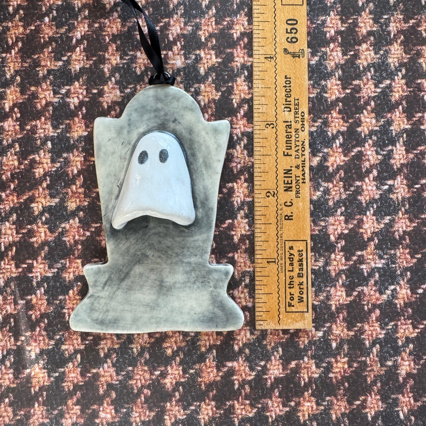 Handmade ceramic ghost on a tombstone ornament- Leon