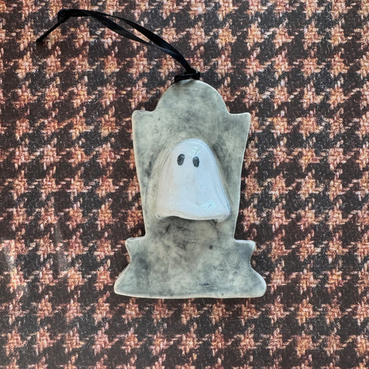 Handmade ceramic ghost on a tombstone ornament- Bert