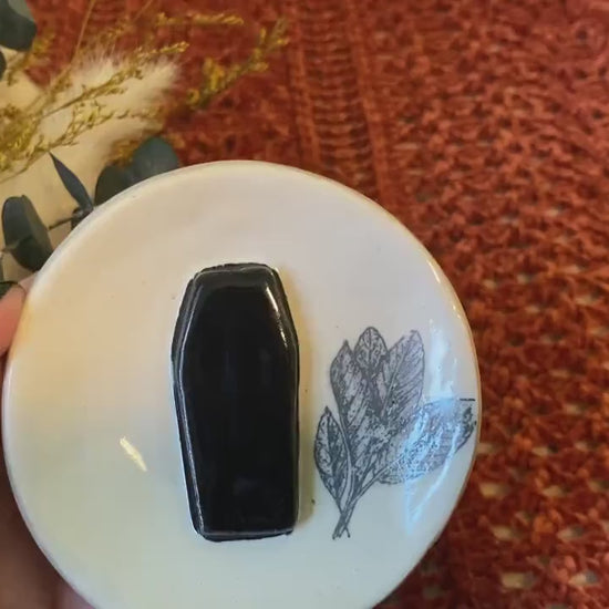 Handmade ceramic coffin trinket dish with sage herb design. Black white gothic ring dish. Witchcore home decor. Ancestor altar offering dish