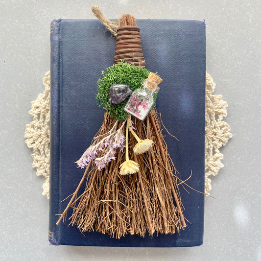 Mini scented blessing broom besom - forest magic with moss and amethyst