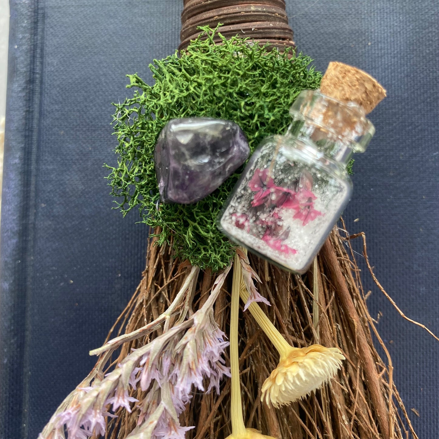 Mini scented blessing broom besom - forest magic with moss and amethyst