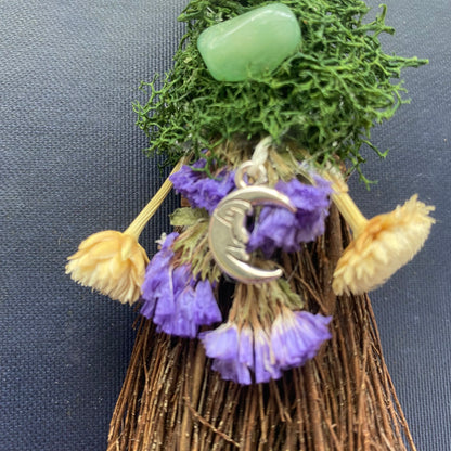 Mini scented blessing broom besom - forest moon with crystals and dried flowers