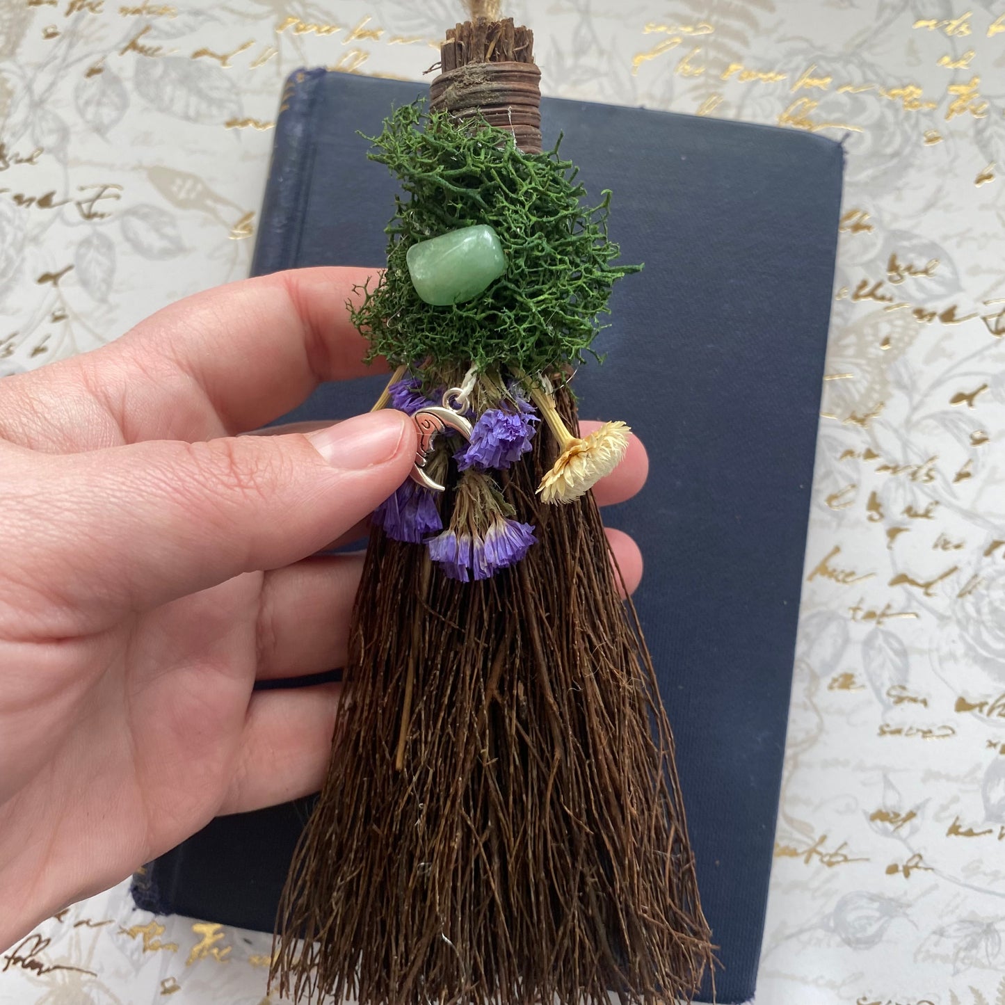 Mini scented blessing broom besom - forest moon with crystals and dried flowers