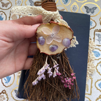 Mini scented Spring blessing broom besom with flowers and crystals