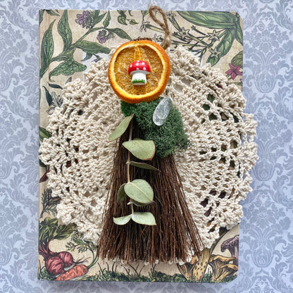 Mini scented cottagecore blessing broom besom with mushroom moss and crystals