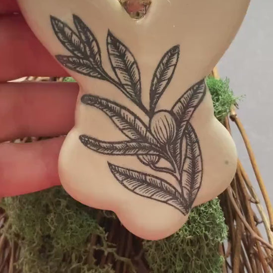Handmade ceramic rabbit ornament. Ostara decoration. Easter bunny ornament. White botanical Easter wall hanging. Year of the Rabbit gift