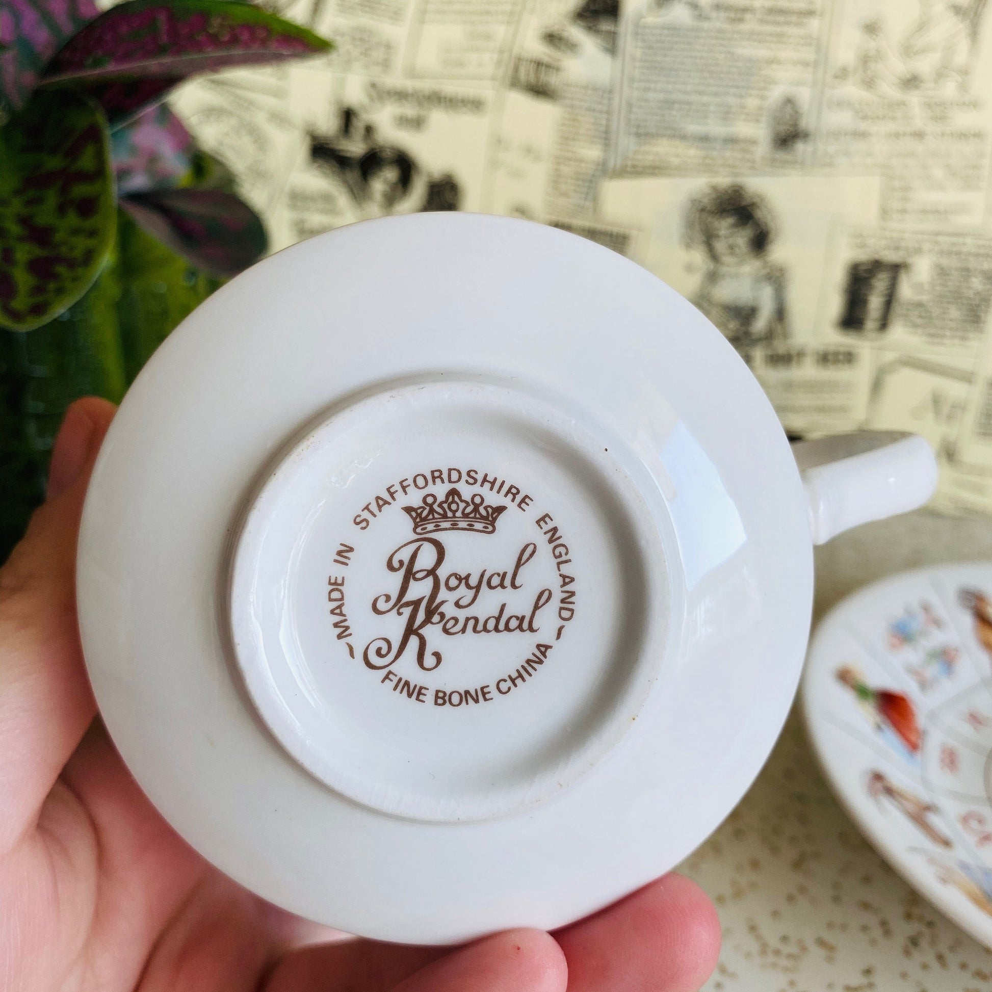 Vintage Royal Kendal fortune telling teacup. Colorful tea cup and saucer set for tea leaf reading with astrology and zodiac symbols design.