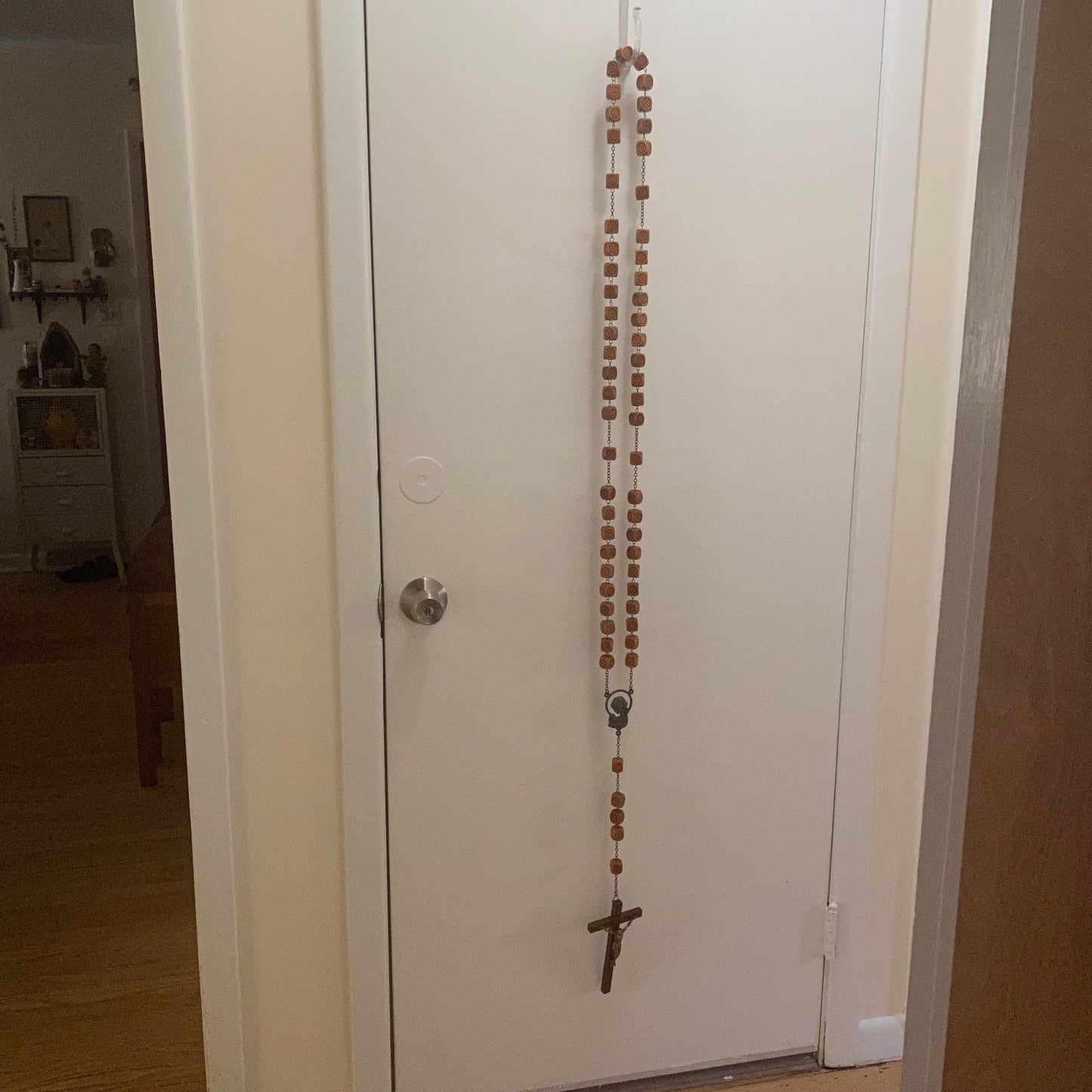 Vintage wall rosary. Large ~58" rosary with wooden prayer beads. Retro religious wall decor. Kitschy catholic gift. Decorative altar decor.