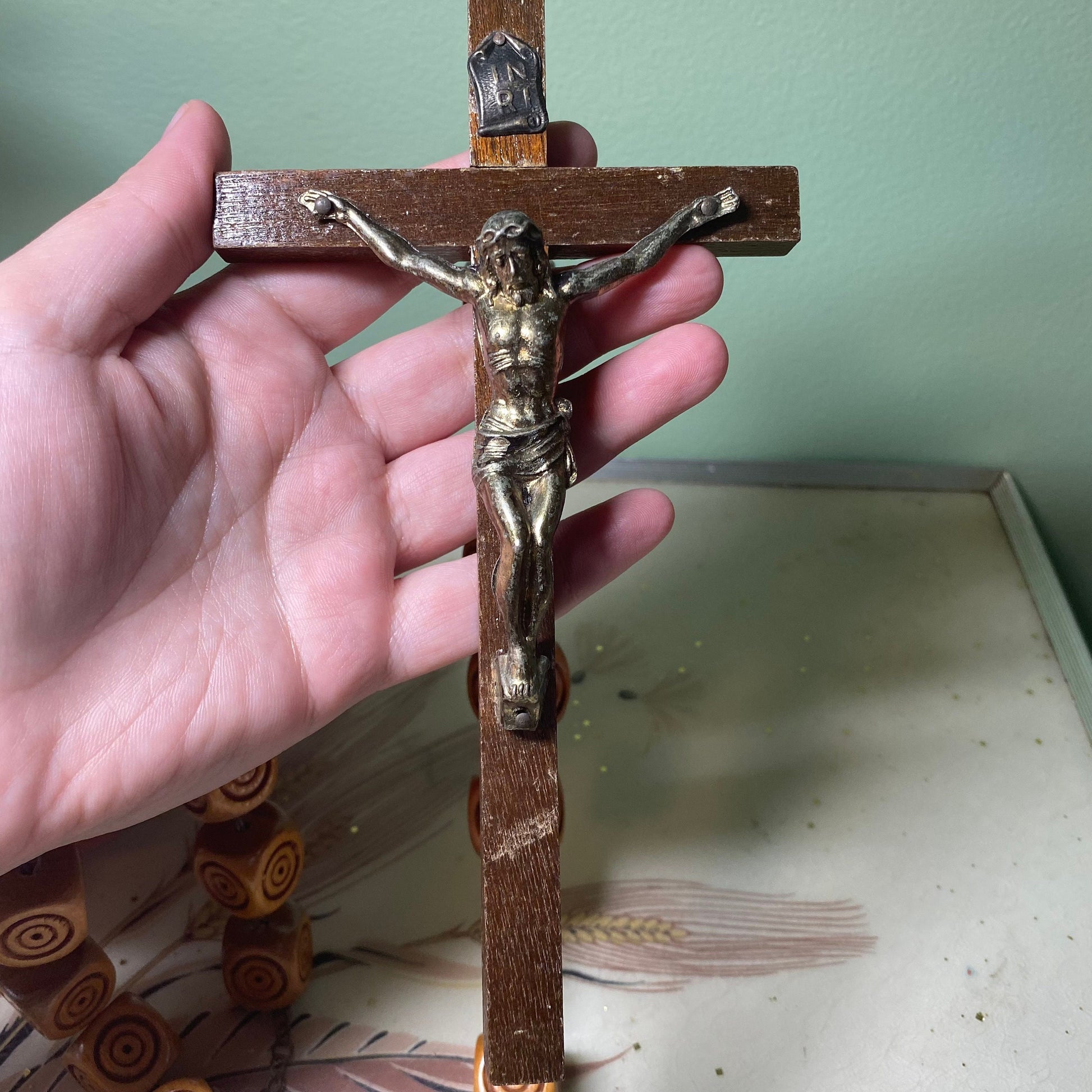 Vintage wall rosary. Large ~58" rosary with wooden prayer beads. Retro religious wall decor. Kitschy catholic gift. Decorative altar decor.
