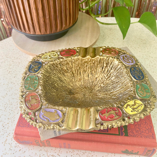Vintage brass zodiac ashtray. Mid century Oppenheim Israel catchall bowl trinket dish. Collectible retro 70s astrology decor. Witchy home
