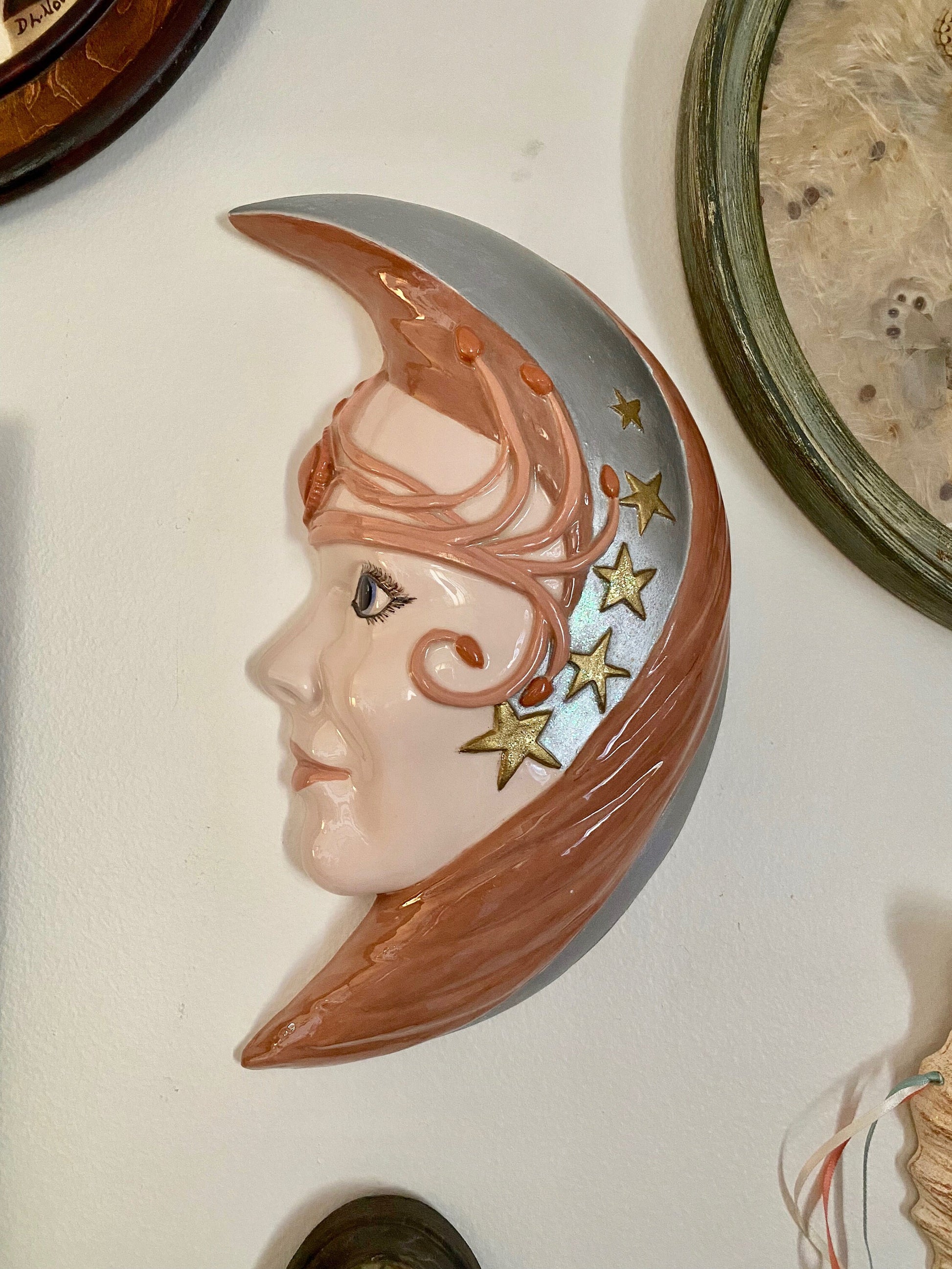 Vintage moon goddess ceramic wall hanging. Mystical lady in the moon wall art. Lunar goddess witchy room decor. Celestial home decor gift