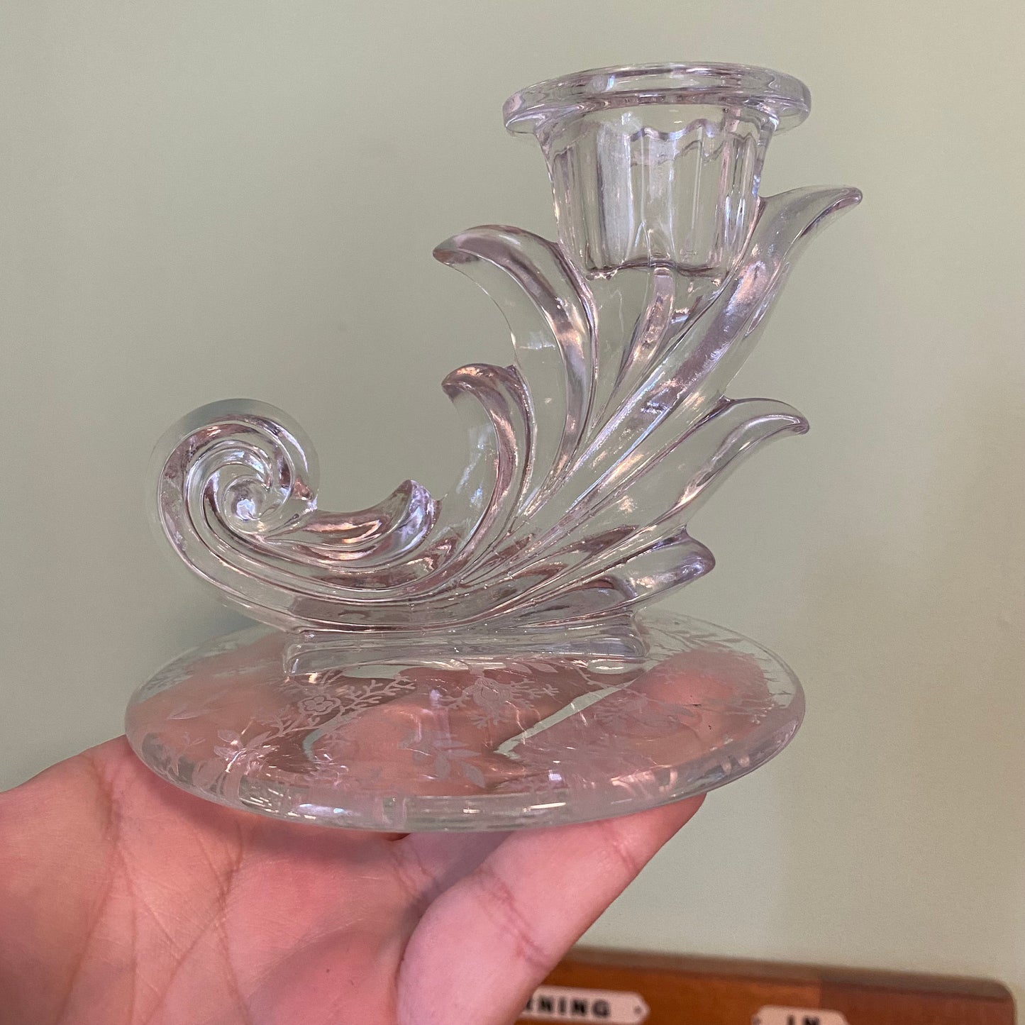 Vintage clear glass art deco candle holders with rose vine design. Pretty decorative candlestick holders for tapers. Aesthetic altar decor