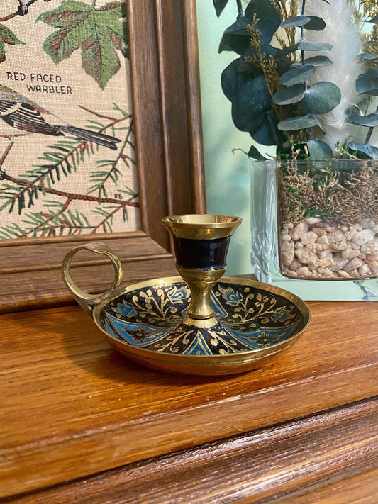 Vintage brass and enamel candle holder with handle. Pretty blue & black ornate candlestick holder for taper candle. Boho witchy altar decor