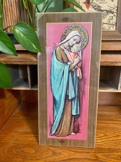 Vintage Virgin Mary wall hanging. Blessed Mother and baby Jesus wall art. Retro religious wall decor. 60's Madonna and child Catholic kitsch