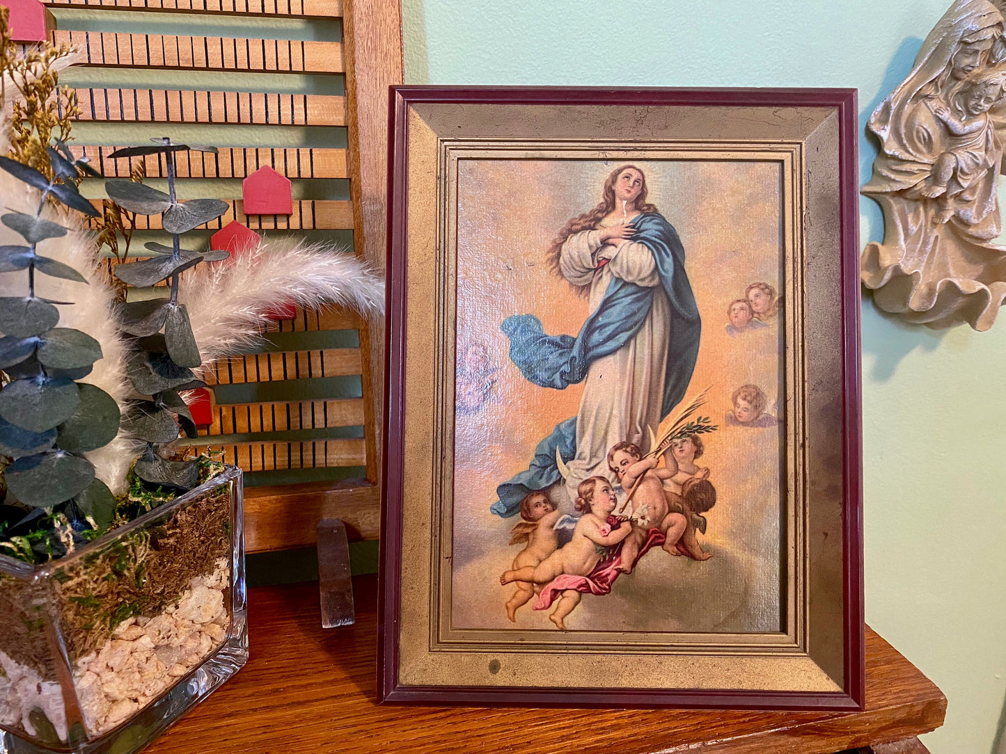 Vintage framed Immaculate Conception of Mary print. Retro religious art in plastic frame. Blessed Virgin Mary wall hanging. Catholic decor