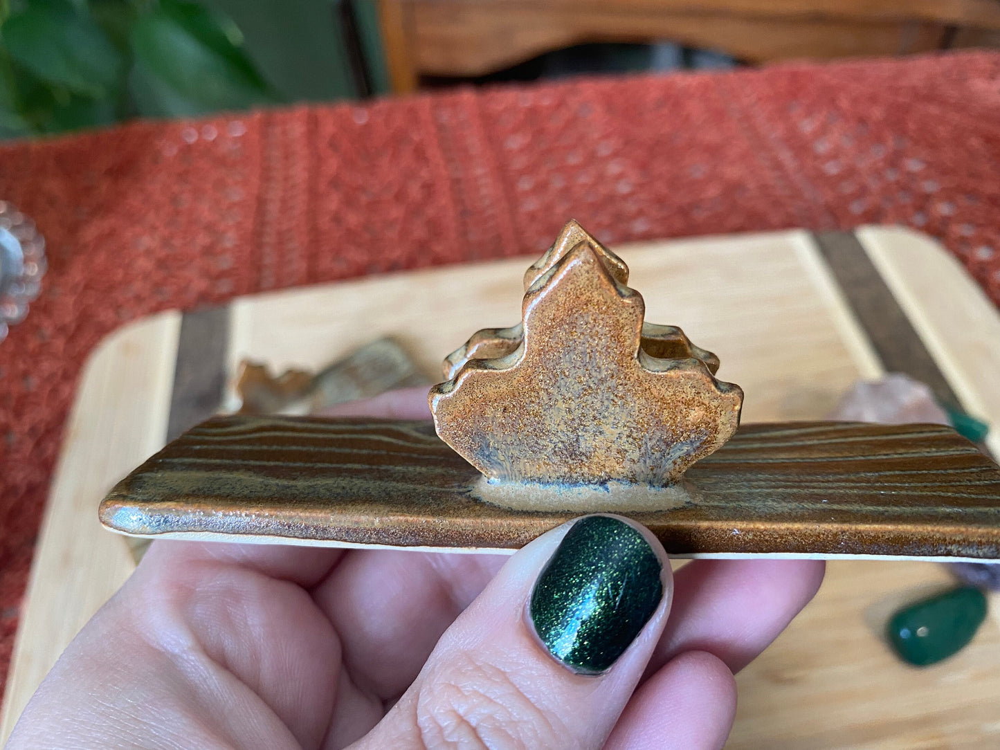 Handmade ceramic leaves tarot holder set- includes tarot stand for card of the day & tarot deck holder. Autumn forest witch altar decor gift