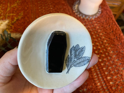 Handmade ceramic coffin trinket dish with sage herb design. Black white gothic ring dish. Witchcore home decor. Ancestor altar offering dish