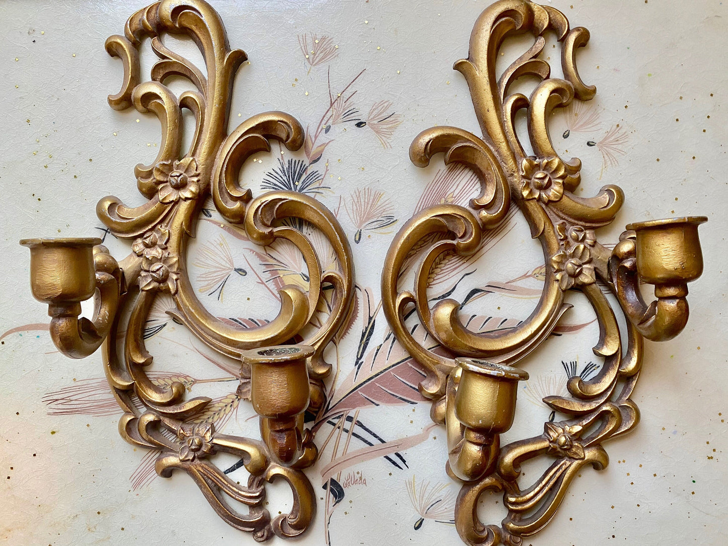 Pair of vintage Sexton gold metal candle sconces. Set of 2 Hollywood Regency wall hanging candle holders. Goth bedroom. Gothic boudoir decor