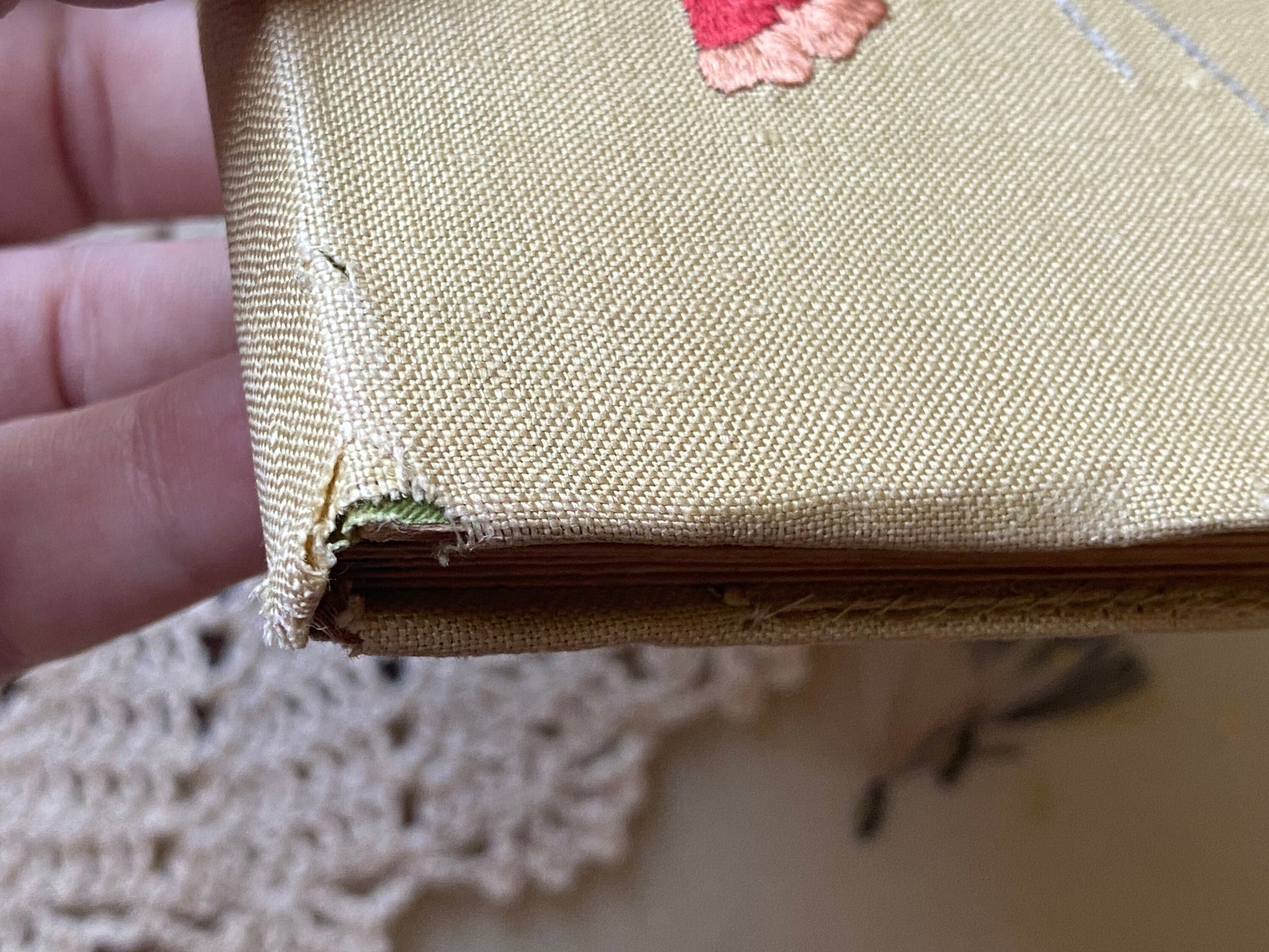 Antique Victorian handmade newspaper clippings book with floral embroidered fabric cover. One of a kind Victorian scrapbook keepsake album.