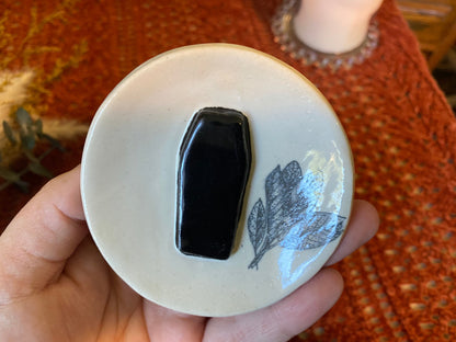 Handmade ceramic coffin trinket dish with sage herb design. Black white gothic ring dish. Witchcore home decor. Ancestor altar offering dish