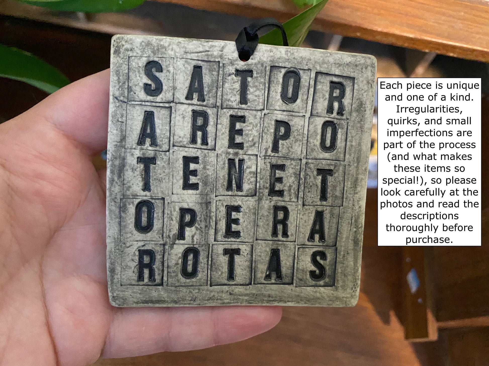 Sator square hanging tile. Handmade ceramic protective magical talisman charm against evil, bad luck. Folk witch home protection ward