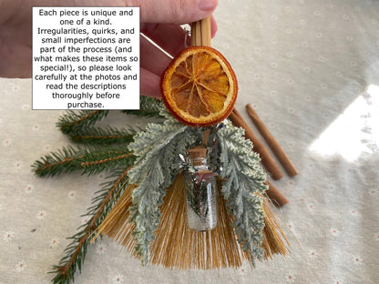 Winter home blessing broom. Pagan Yule besom. Mini witches broom w/ dried orange, faux greenery. Yule altar decor. Winter solstice gift.