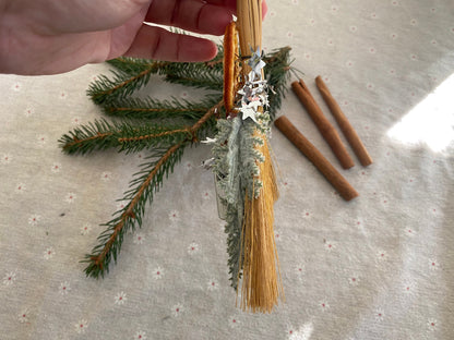 Winter home blessing broom. Pagan Yule besom. Mini witches broom w/ dried orange, faux greenery. Yule altar decor. Winter solstice gift.