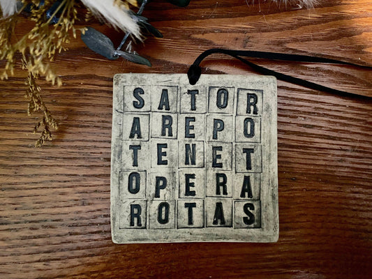 Sator square hanging tile. Handmade ceramic protective magical talisman charm against evil, bad luck. Folk witch home protection ward