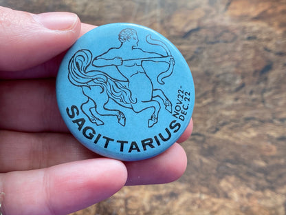 Vintage Sagittarius pin. Retro zodiac sign pinback button. November December birthday gift. Retro buttons for jackets, bags. Astrology pin
