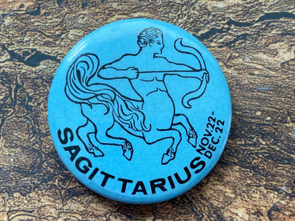Vintage Sagittarius pin. Retro zodiac sign pinback button. November December birthday gift. Retro buttons for jackets, bags. Astrology pin