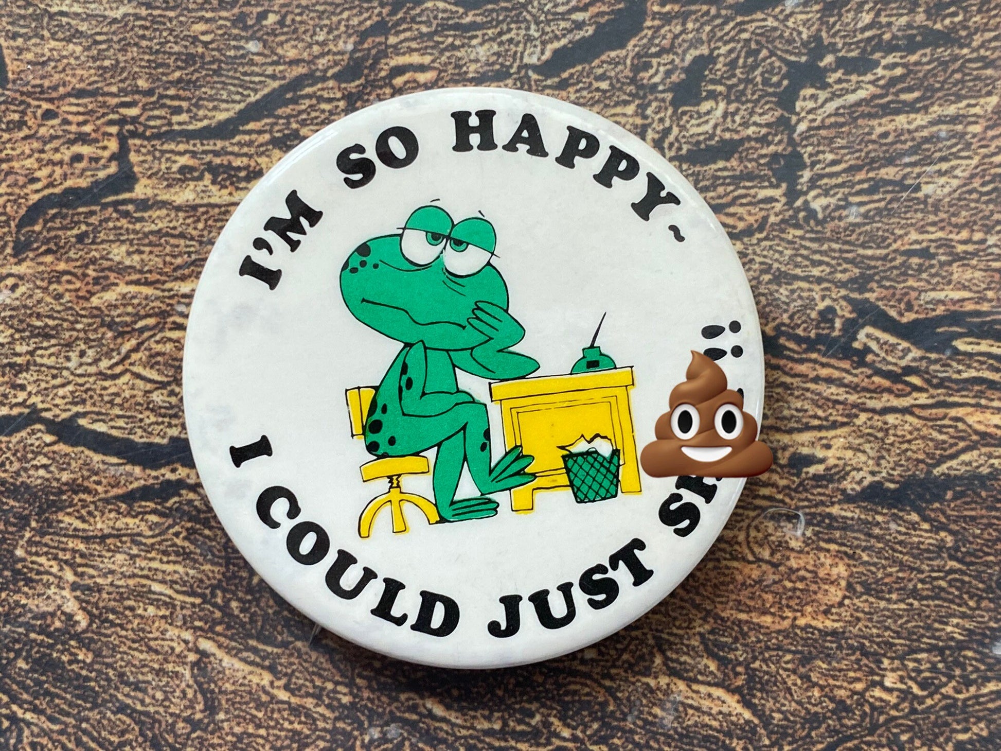 Vintage I'm So Happy I Could Just Shit!! pinback button. Retro funny snarky pins. Sarcastic frog button. MATURE