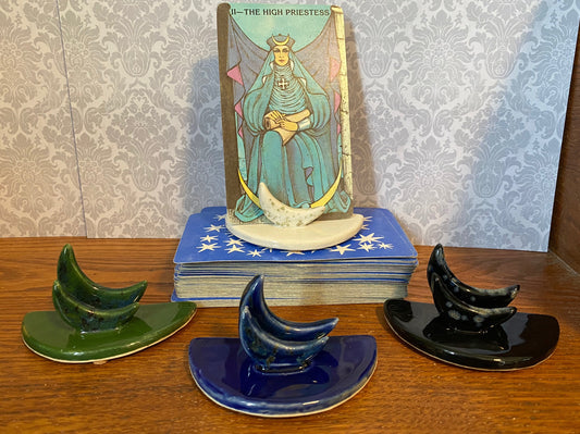 Handmade ceramic crescent moon tarot card holder. *SECONDS* Tarot stand for card of the day daily one card draw. Lunar witch altar decor