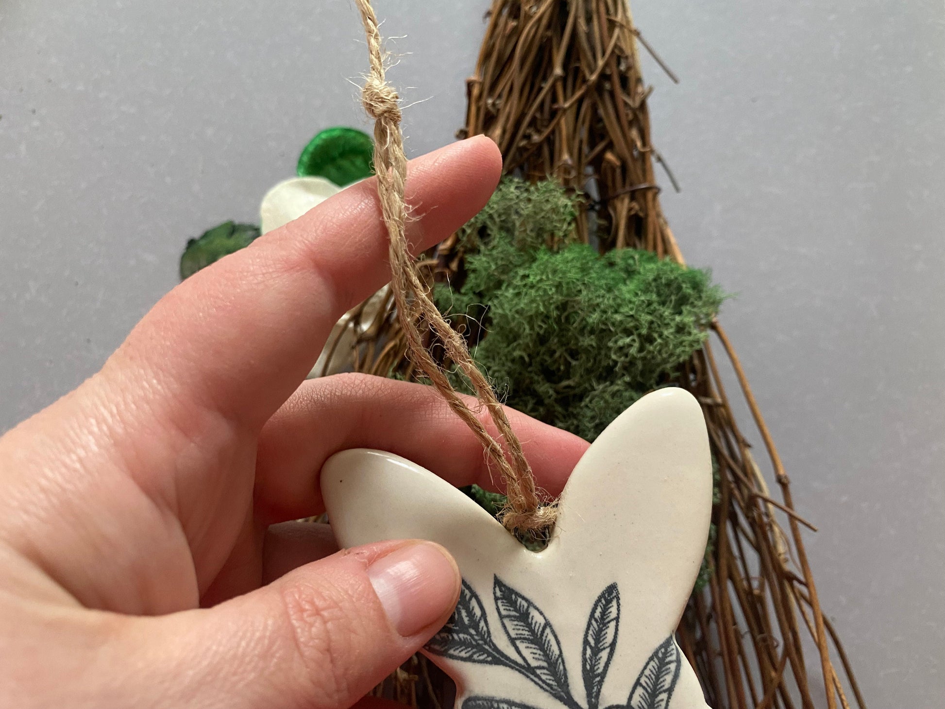 Handmade ceramic rabbit ornament. Ostara decoration. Easter bunny ornament. White botanical Easter wall hanging. Year of the Rabbit gift